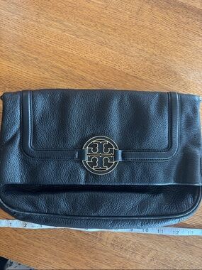 Tory Burch Black Leather Fold-Over Clutch with Gold Logo Emblem